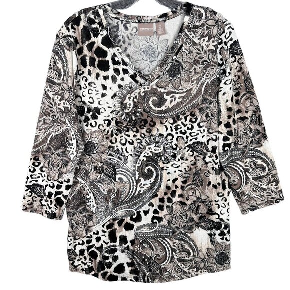 Chico’s Black White Animal Paisley Print Top Women’s Size 2/L/12 3/4 Sleeve - Picture 2 of 9